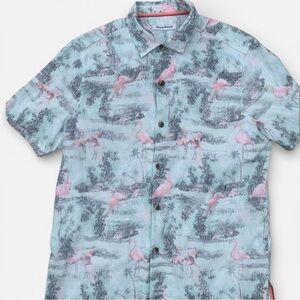 Tommy Bahama Men's Light Blue Flamingo Print Short-Sleeve Shirt Large Silk Blend